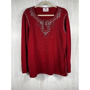 Quacker Factory Beaded 1/4 Zip Sweater Red Sparkle Luxe Womens M‎